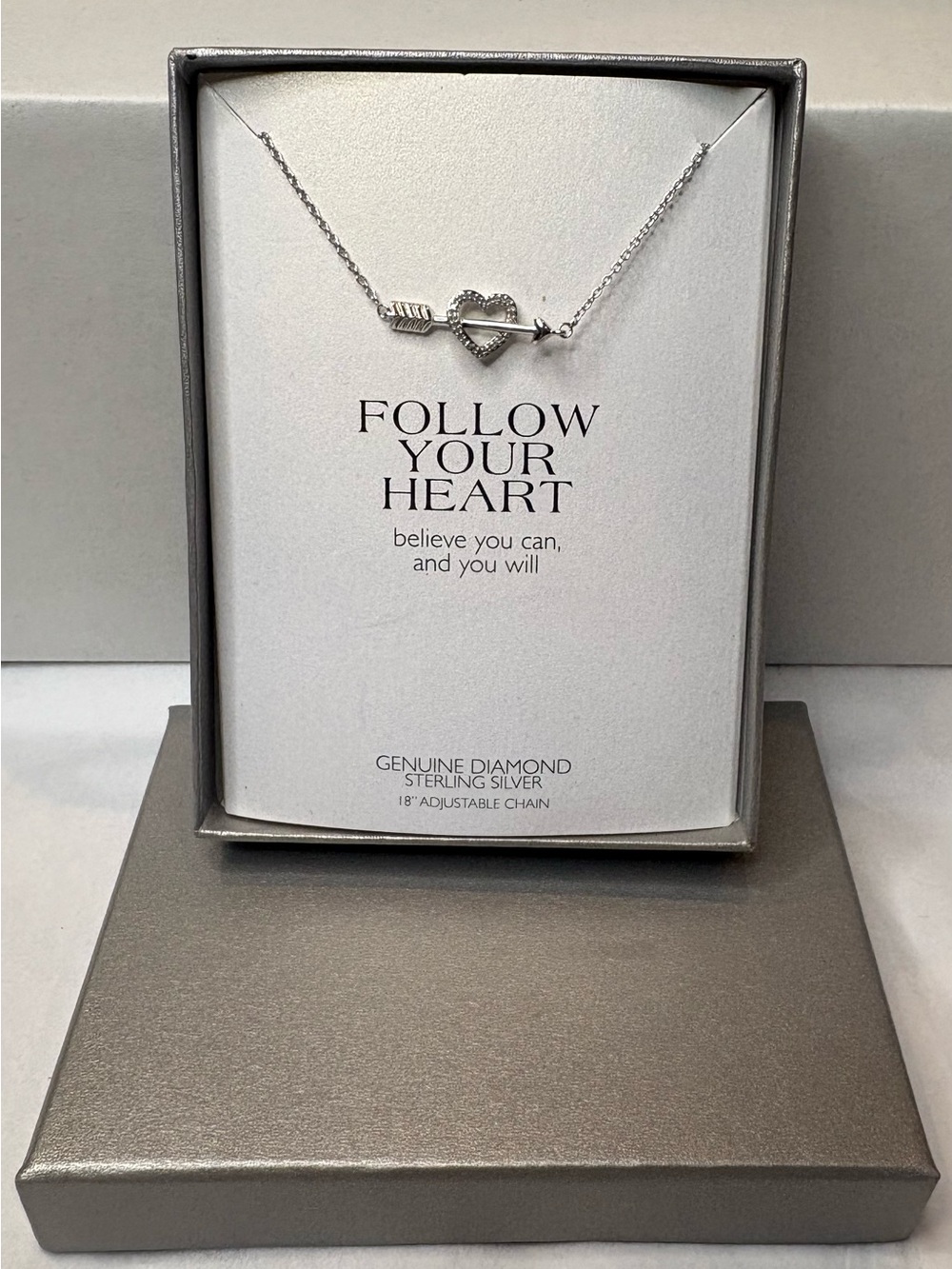 Sterling Silver Heart & Arrow Necklace with Genuine Diamond - Silver - 18” chain